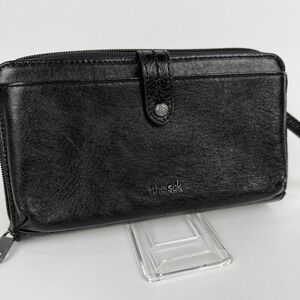 The Sak Black Leather Wristlet Wallet Crossbody‎ Bag With Strap